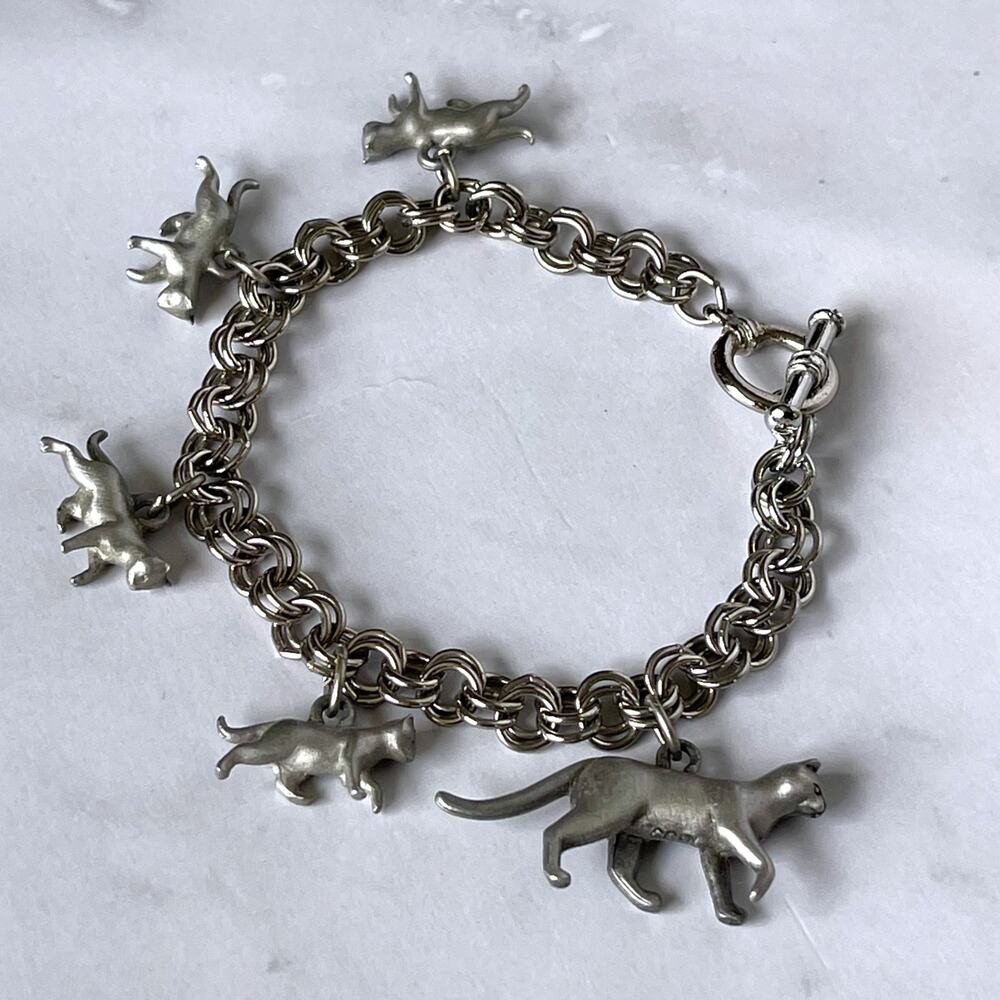Vintage JJ Jonette Mom Cat & Kittens Pewter Charm Bracelet 7.5"